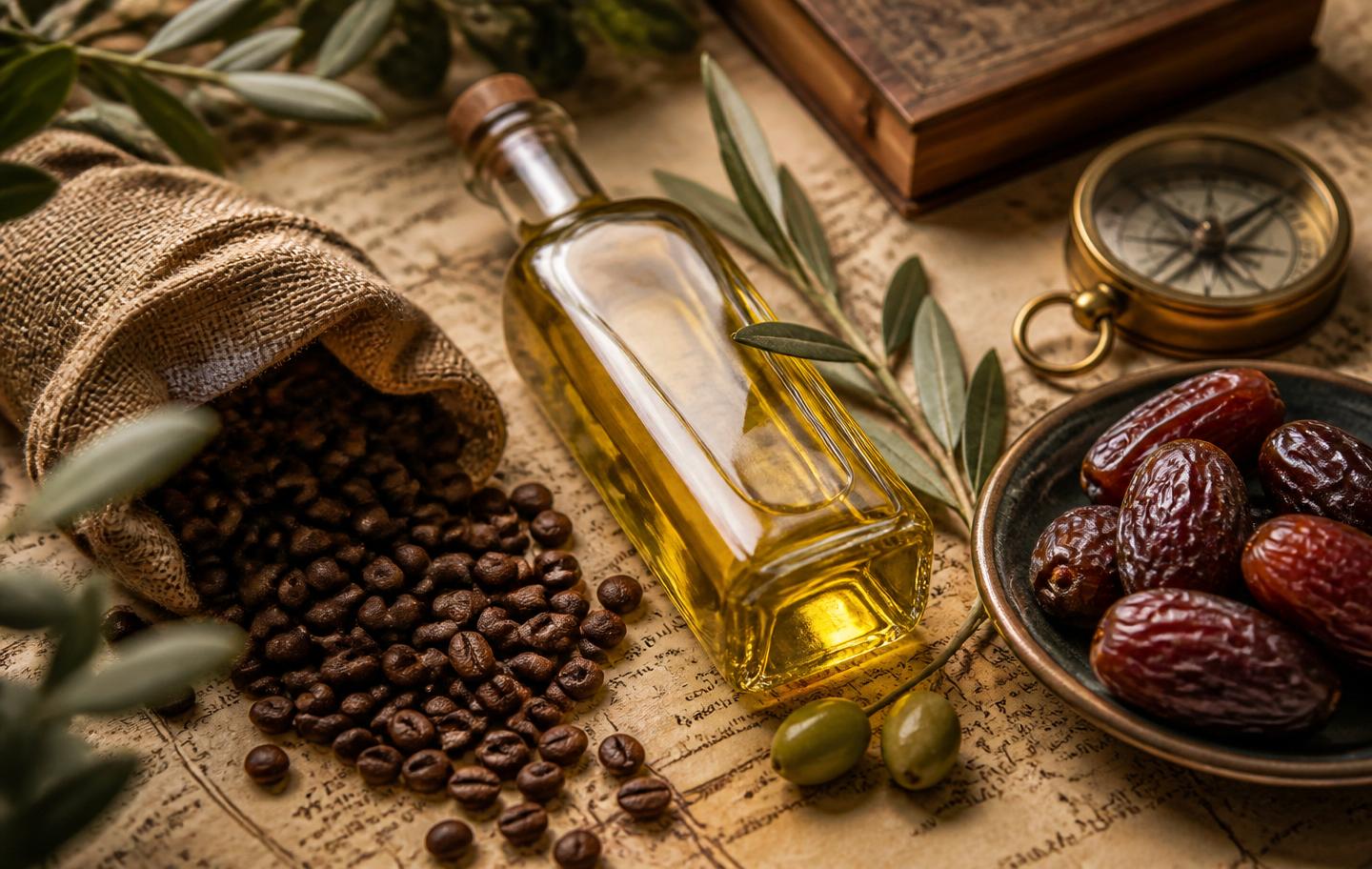 Premium coffee beans, olive oil, and dates on a vintage world map