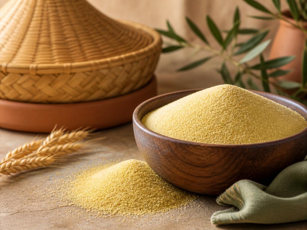 Fine golden Algerian durum wheat semolina in a wooden bowl